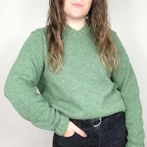 NAUTICA | Women's Large Olive Green V-neck Merino Wool Sweater Chunky Knit